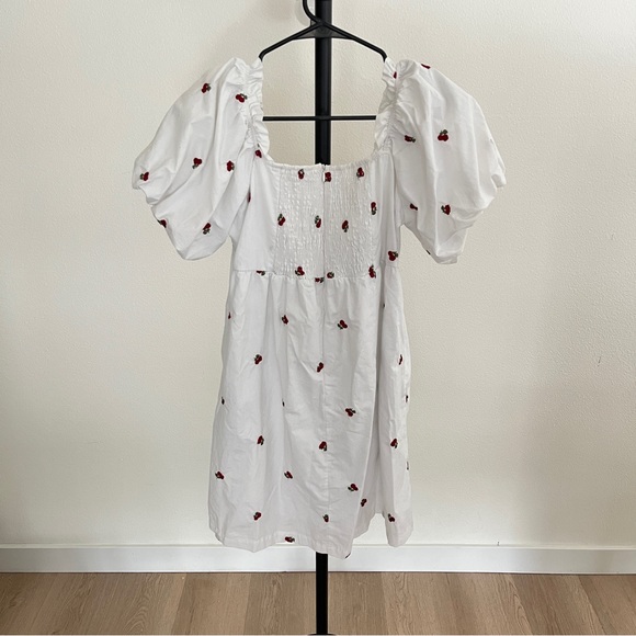 Altar'd State Cherry Embroidery White Mini Puff Sleeves Babydoll Dress - Picture 8 of 9